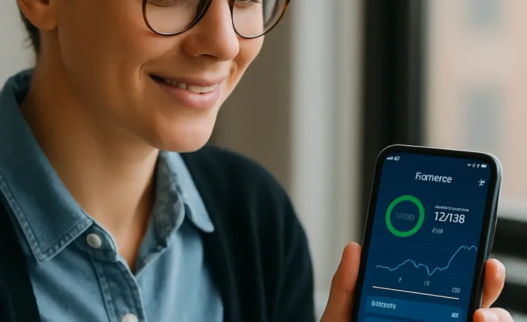 A young professional using a mobile app with AI features to manage personal finances and track investments.