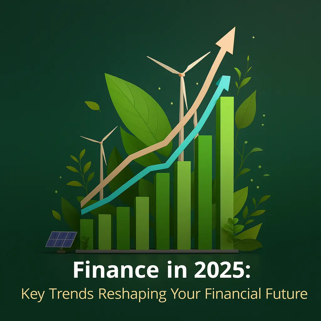 Green bar graph with upward arrows symbolizing sustainable finance growth in 2025.