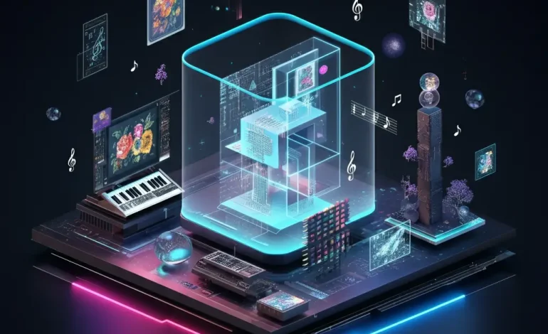 A futuristic depiction of AI creativity, showcasing digital art creation, architectural design, and musical notes, symbolizing the integration of AI in art, design, and music.