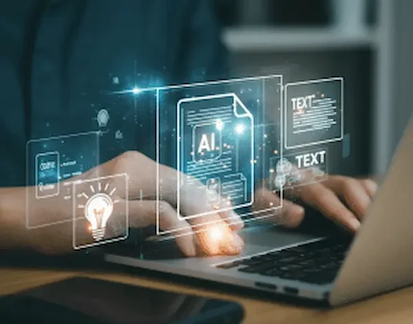 A person working on a laptop with holographic AI elements like text suggestions, grammar corrections, and creative ideas, symbolizing how AI writing tools enhance productivity.