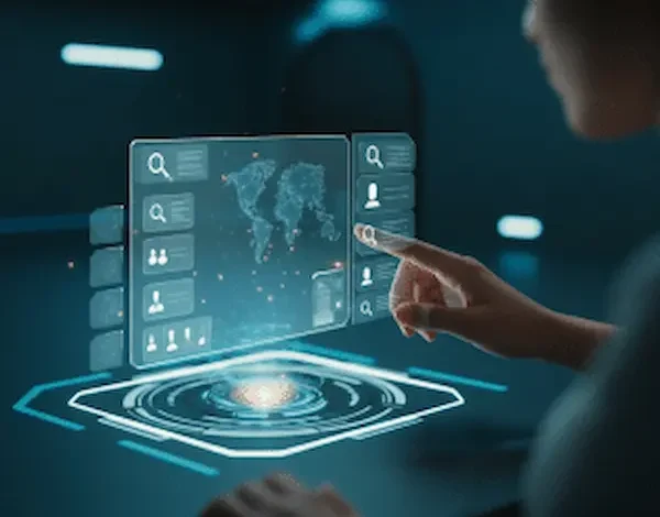 A person interacting with a holographic search interface, showcasing conversational AI, generative search, and personalized recommendations, symbolizing how AI-powered search tools are transforming online habits.