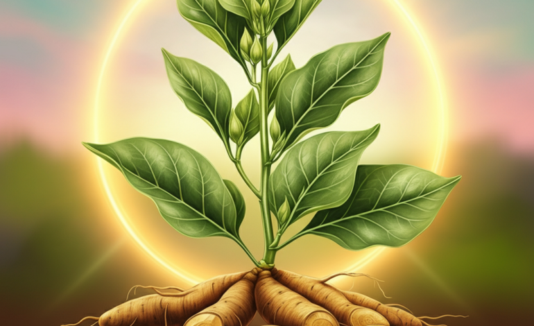 A vibrant illustration of Ashwagandha as a natural energy supplement, featuring Ashwagandha roots and leaves with a glowing energy aura and a serene background symbolizing stress relief and vitality.