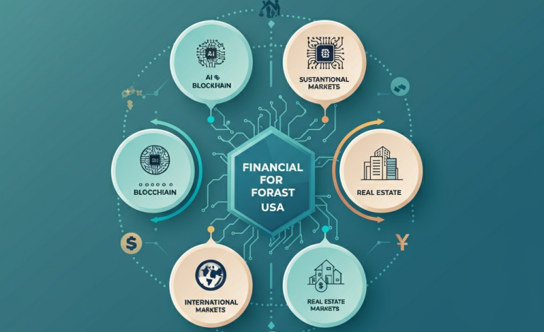 Infographic summarizing key financial trends for 2025 in the USA, including technology, sustainable investing, international markets, real estate, and cryptocurrency.