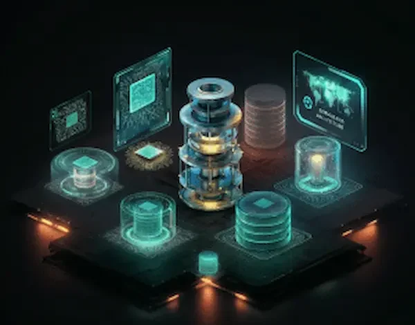 A futuristic depiction of cloud technology advancements, showcasing quantum computing, serverless architecture, and sustainable data centers with glowing visuals.