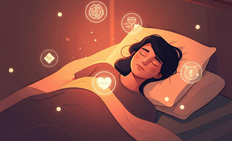 A serene illustration of a person peacefully sleeping in a cozy bedroom, surrounded by symbols of health benefits like a glowing heart, a brain, and energy icons, emphasizing the importance of restful sleep.