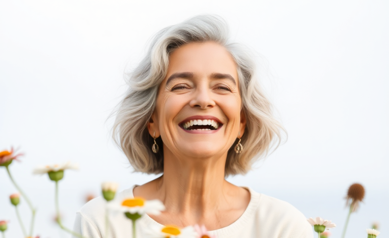 Women over 40 enjoying joyful moments, including sipping coffee, walking in nature, and sharing laughter with friends, symbolizing happiness and connection.