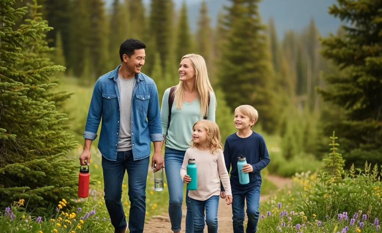 A happy family enjoying sustainable summer travel by hiking in a national park and using reusable water bottles.