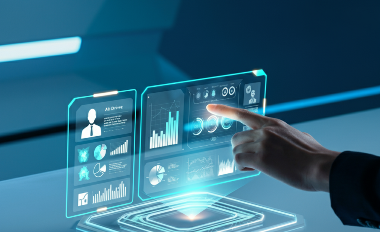 A person interacting with a holographic interface showcasing AI-driven analytics, productivity tools, and personalized recommendations, symbolizing how AI tools are transforming online habits.