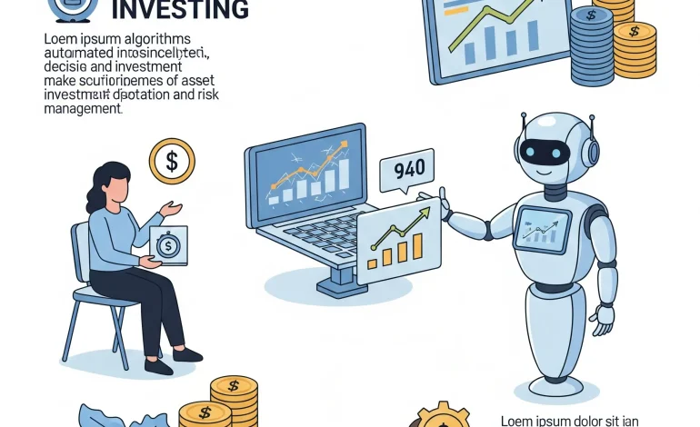 An infographic showing a digital assistant or robot managing investments, with charts and upward trends, symbolizing automated financial growth and security.