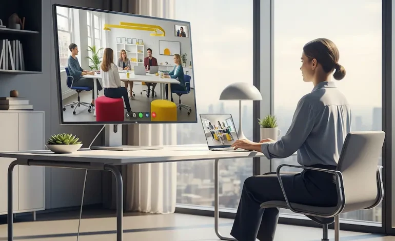 A person working from a home office, collaborating with their team via video call, representing the hybrid model that is key to the future of remote work.