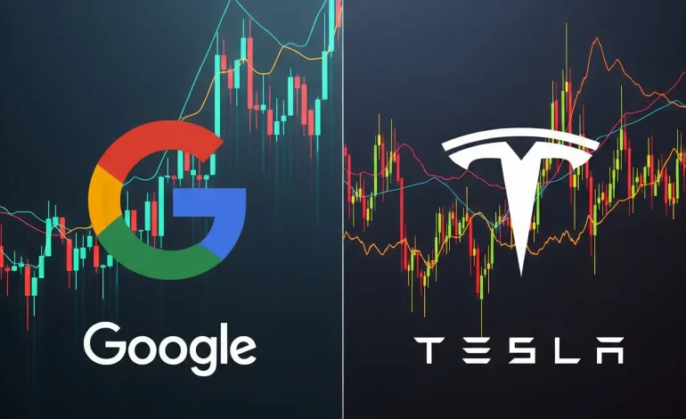 A split-screen image comparing the performance of Google stock and Tesla earnings, with Google's chart showing a positive trend and Tesla's showing volatility.