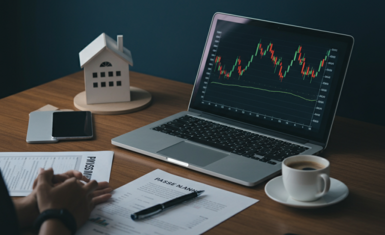A modern desk setup with a laptop, documents, stock market charts, and a coffee cup, symbolizing passive income ideas like real estate, digital products, and financial planning.
