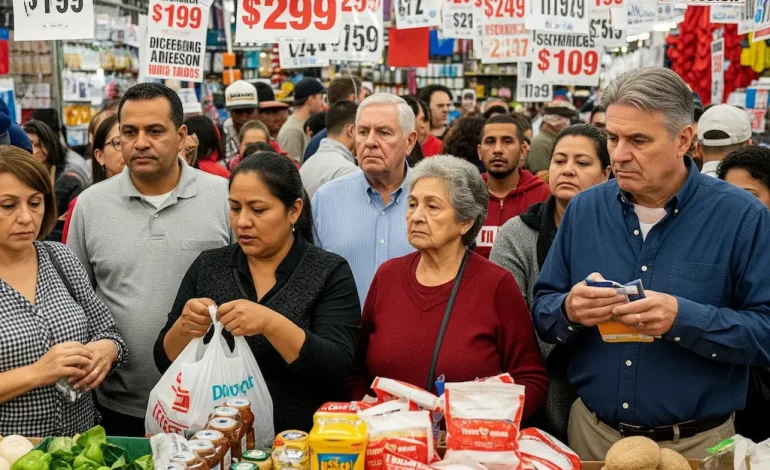 An image depicting consumers in a marketplace looking at rising prices, symbolizing the impact of US inflation in June 2025 and tariffs on everyday goods.
