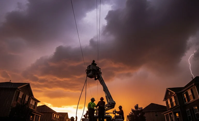 Utility workers on a bucket truck repairing power lines in a residential neighborhood as a dramatic storm gathers at sunset.