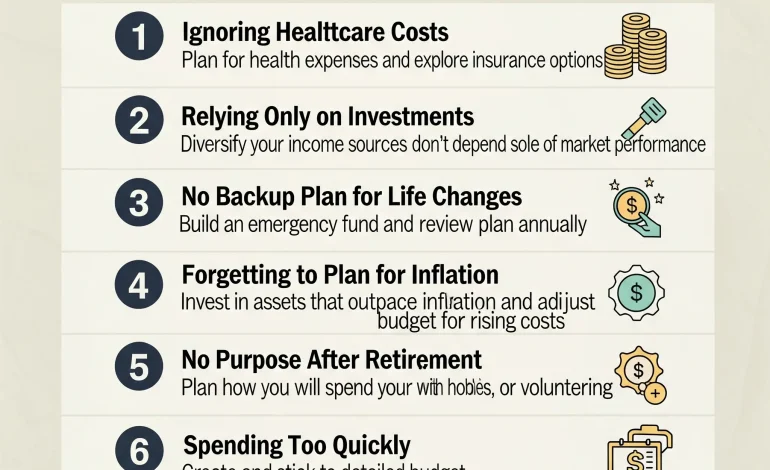 Infographic showing the 7 most common early retirement mistakes and practical solutions, including healthcare costs, investment dependency, inflation, taxes, and lifestyle planning.
