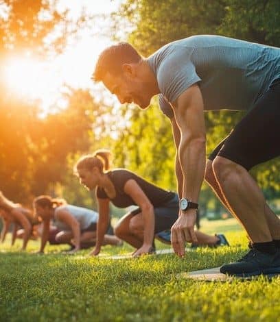 A group of people doing an outdoor workout in a sunlit park, smiling and engaged in fitness activities.