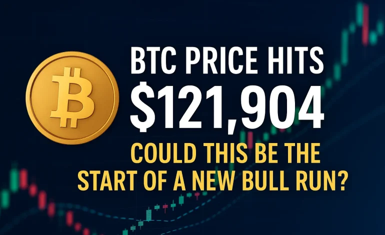 Bitcoin price chart showing $121,904 with bullish trend and gold Bitcoin symbol.