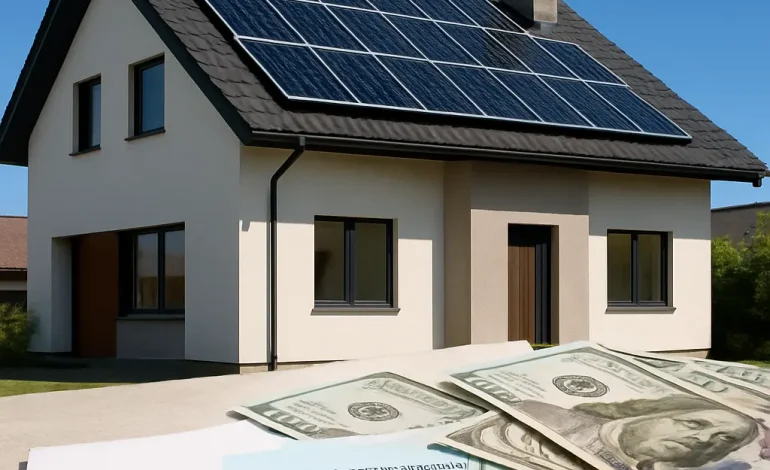 Modern home with solar panels on the roof, IRS tax form, and dollar bills, symbolizing the solar tax credit savings in 2025.