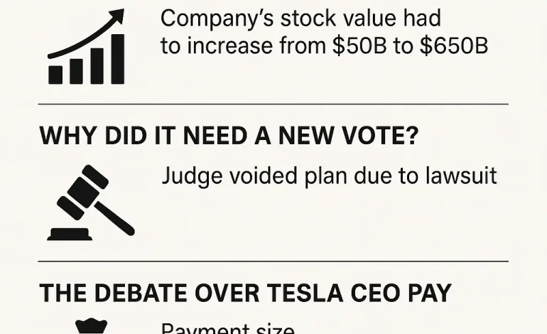 Simple infographic explaining Elon Musk’s $23.7B Tesla CEO pay plan, including the original 2018 goals, court challenges, shareholder vote, debates over executive pay, and future impact on Tesla.